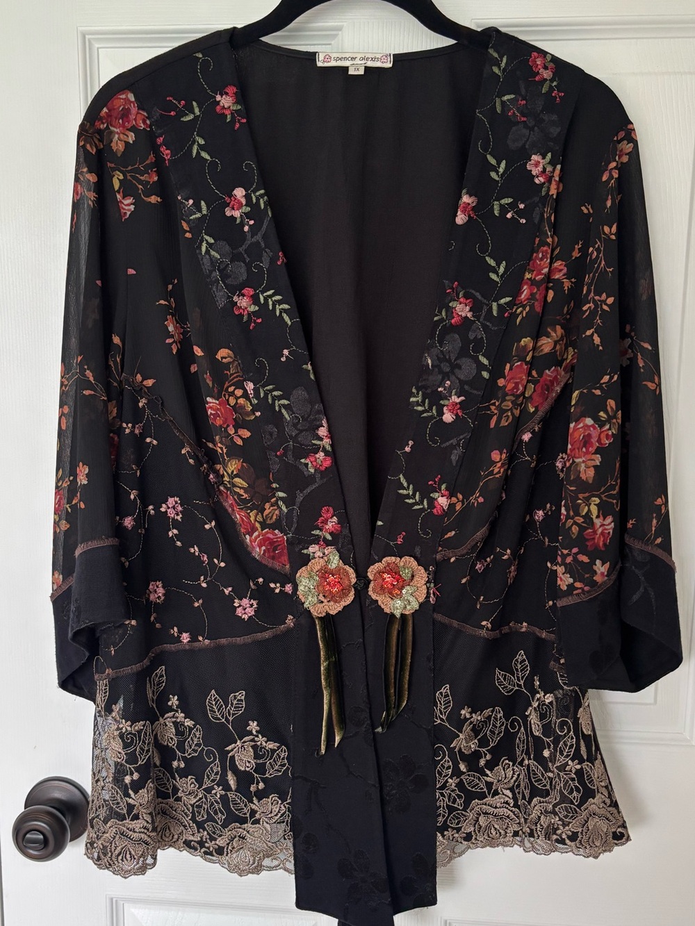 Spencer Alexis Black Floral Embroidered Kimono Wrap